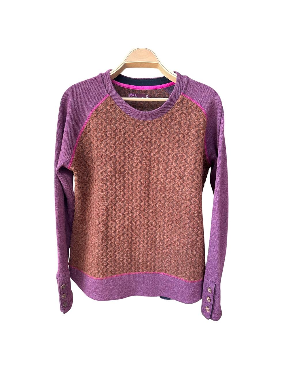 PrAna Aya Wool Blend Textured Knit Pullover Sweater Auburn Purple Brown Size XL